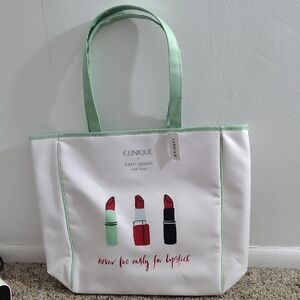 Kate Spade White Tote with Green Handles and Lipstick Design